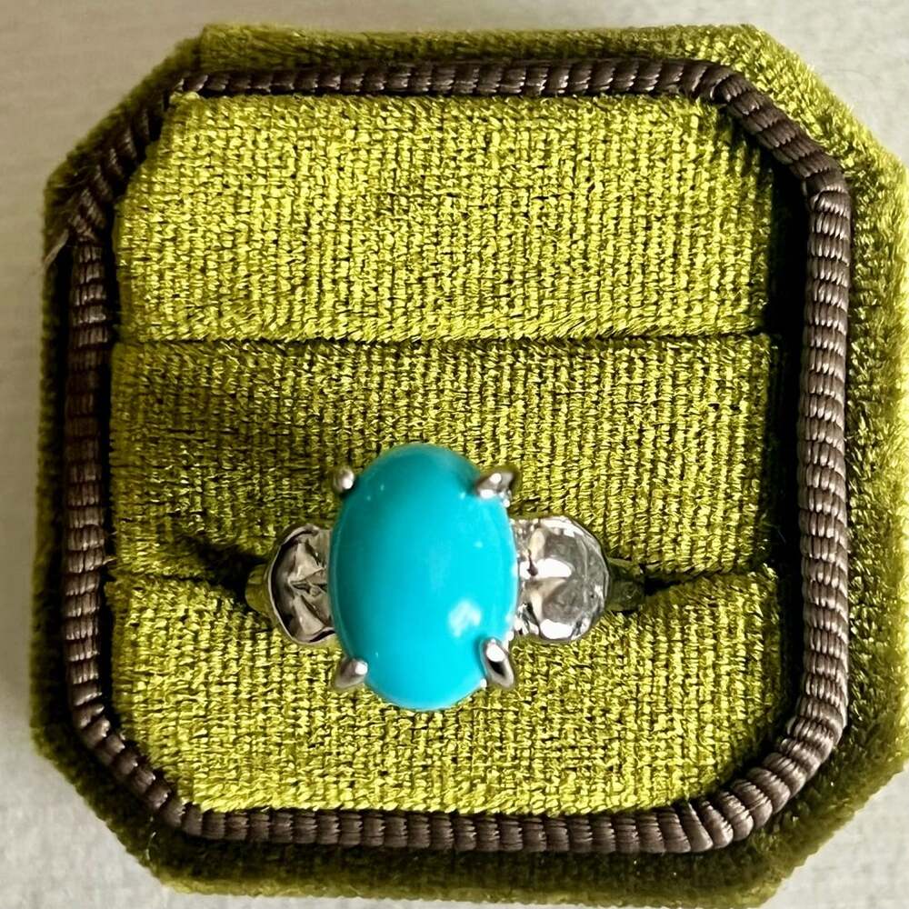 Turquoise and White Topaz Titanium Steel Silver Band Size 8